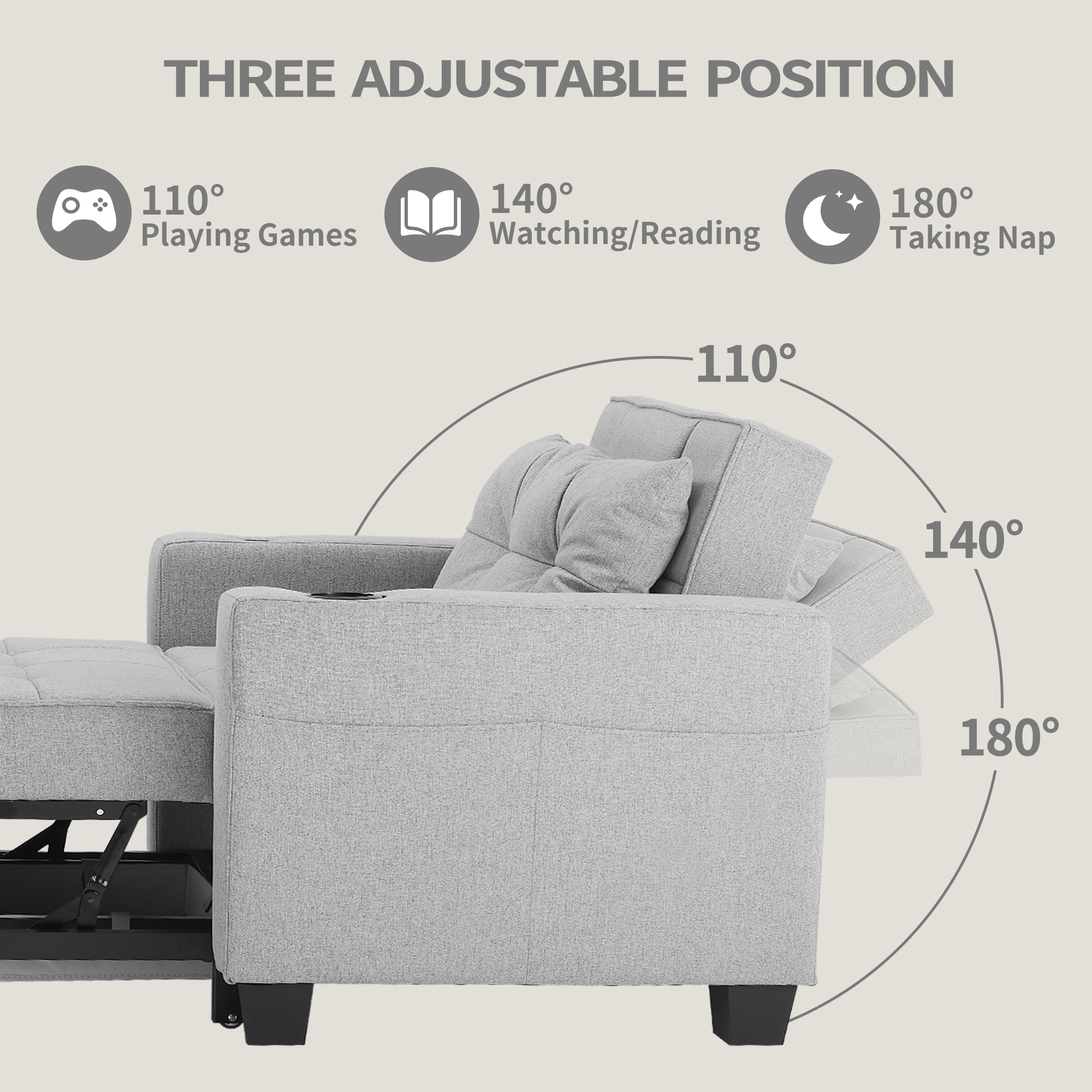 Duraspace Arm Lounge Chair into Sofa Bed for Living Room Adults with USB, Storage Space, Light Gray