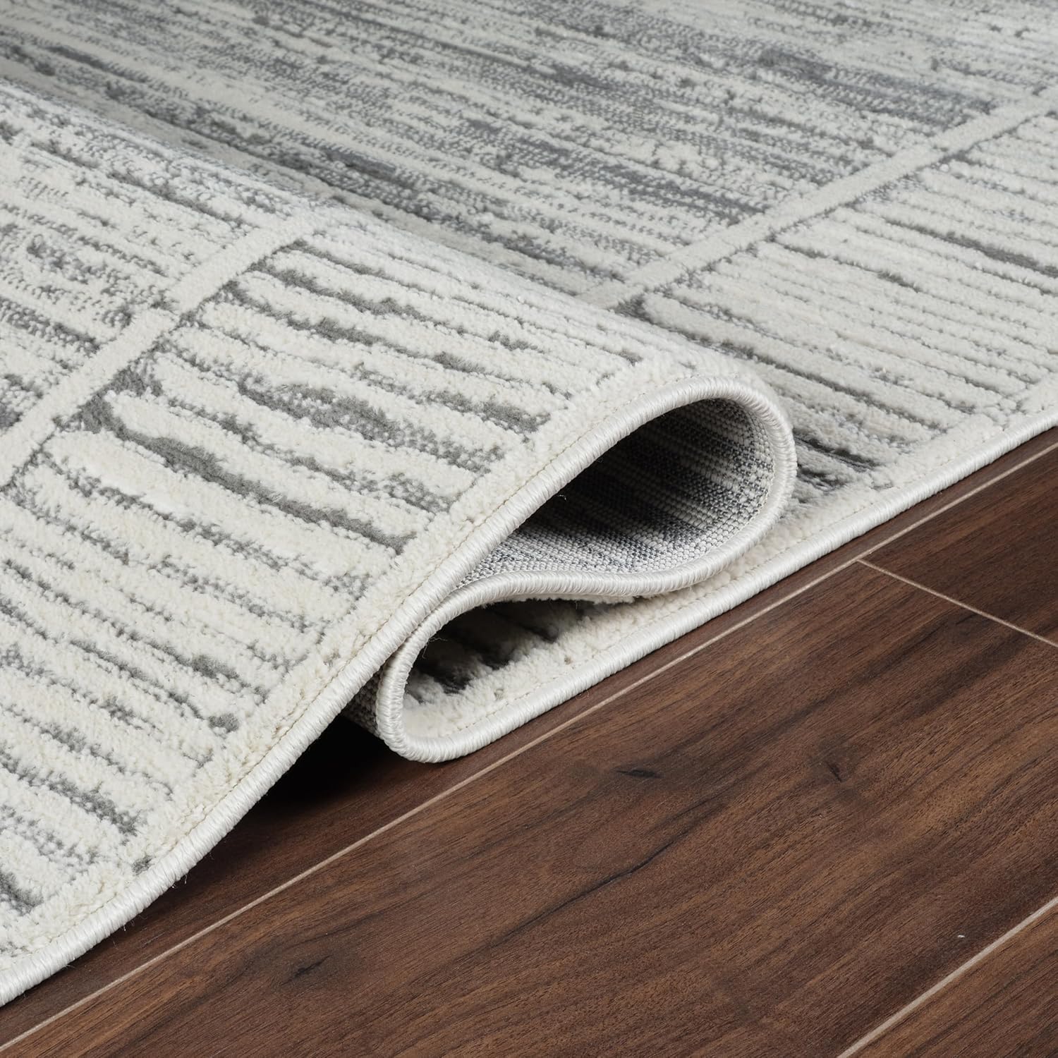High-Low 8x10 Area Rug - Striped Design - Stain Resistant - Grey & Ivory - for Bedroom, Dining Room, Living Room