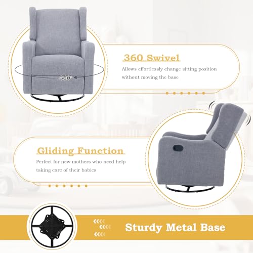 Swivel Rocking Recliner Chair for Adults, Upholstered Modern Manual Reclining Chair for Living Room, Adjustable Nursery Glider Rocker Chair, Single Lounge Sofa Recliner for Bedroom Small Spaces