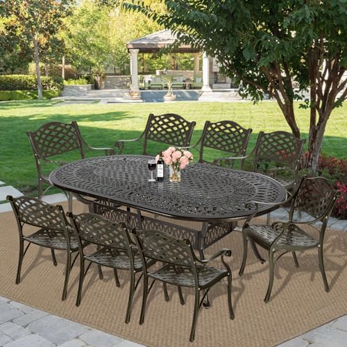 MEETWARM 9-Piece Outdoor Furniture Dining Set, All Weather Cast Aluminum Patio Garden Set with 8 Chairs,1 Oval Table, 2" Umbrella Hole, Dark Bronze