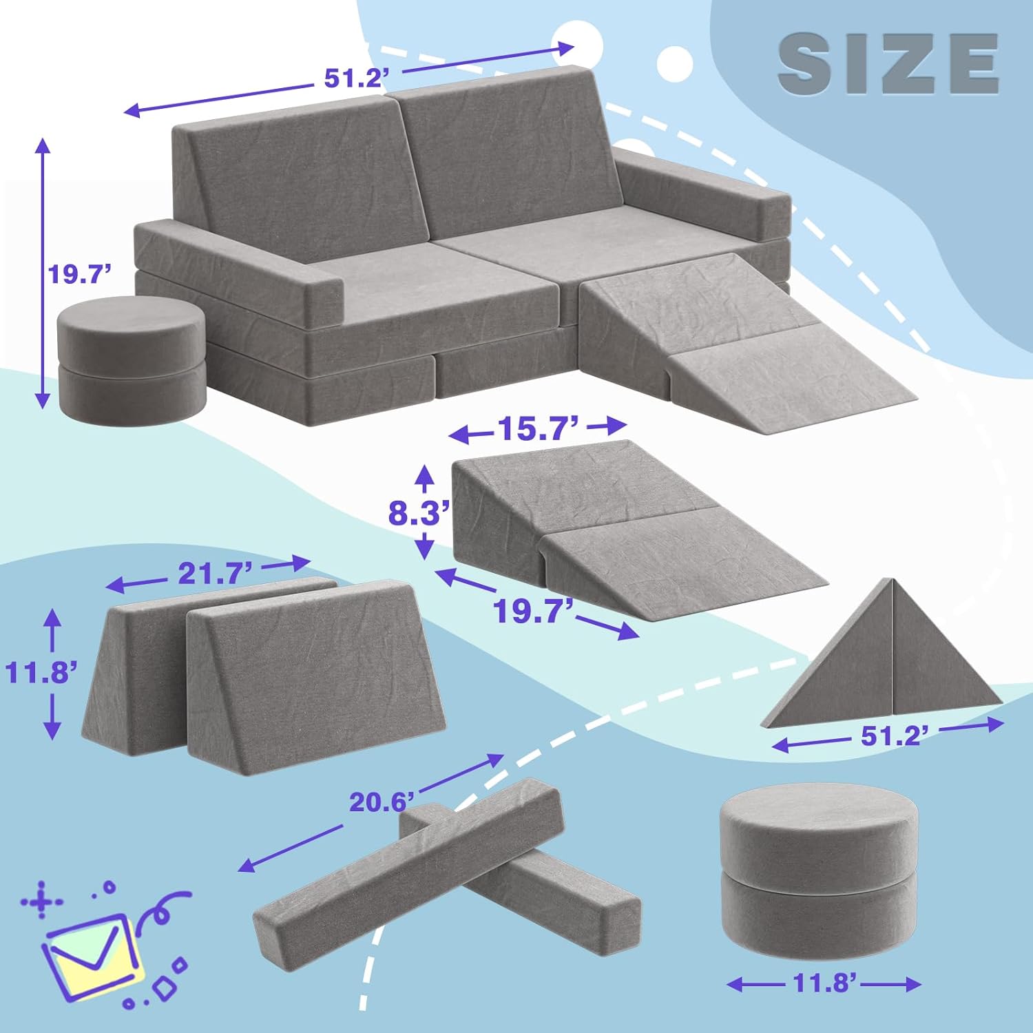 Kids Nugget Couch, 15PCS Certified Modular Nugget Couch Kids Play Couch, Child Sectional DIY Sofa Couch for Playroom Bedroom Living Rooms, Convertible Foam and Floor Cushion for Gift