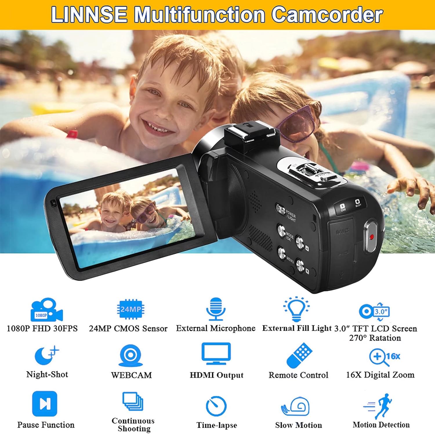 Video Camera Camcorder Full HD 1080P 30FPS 24.0 MP IR Night Vision Vlogging Camera Recorder 3.0 Inch IPS Screen 16X Zoom Camcorders Camera Remote Control with 2 Batteries Pack of 2