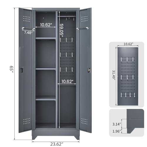 65"H Broom Closet Storage Cabinet, Utility Closet for Brooms and Mops, Cleaning Metal Storage Cabinet with Pegboard and Hanging Rod, Metal Cabinet with Doors and Adjustable Shelves，Garage，Grey-White