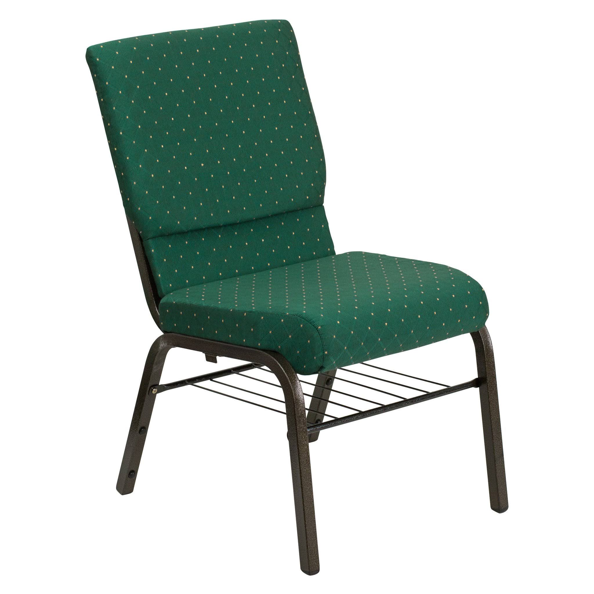 Hercules Series 18.5&&W Church Chair with Book Rack Green Patterned Fabric/Gold Vein Frame