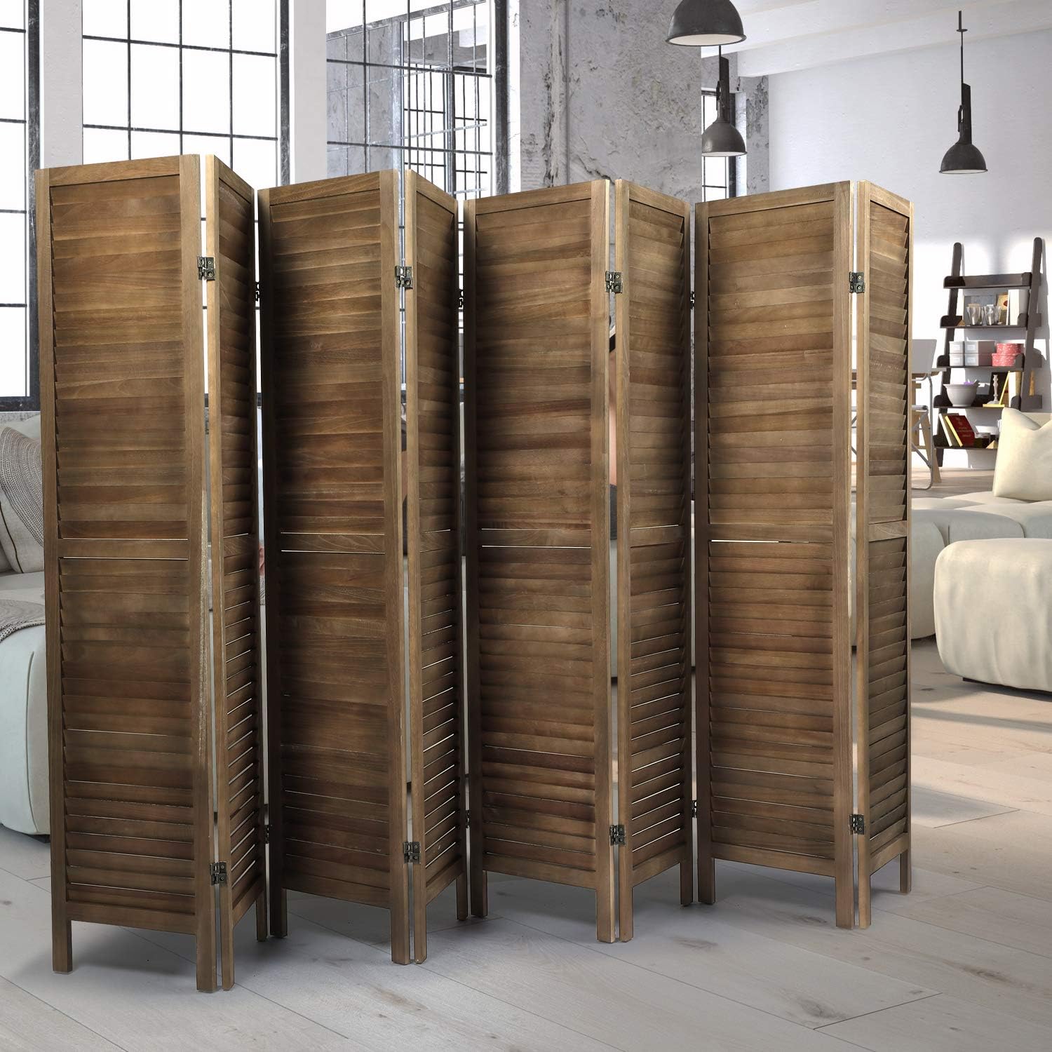JAXSUNNY 8 Panel Sycamore Wood Freestanding Room Divider Wall Divider Hand-Knitted Folding Freestanding Partition Privacy Screen,Louver Folding Privacy Screen,Wall Divider Partial Partition ,Brown