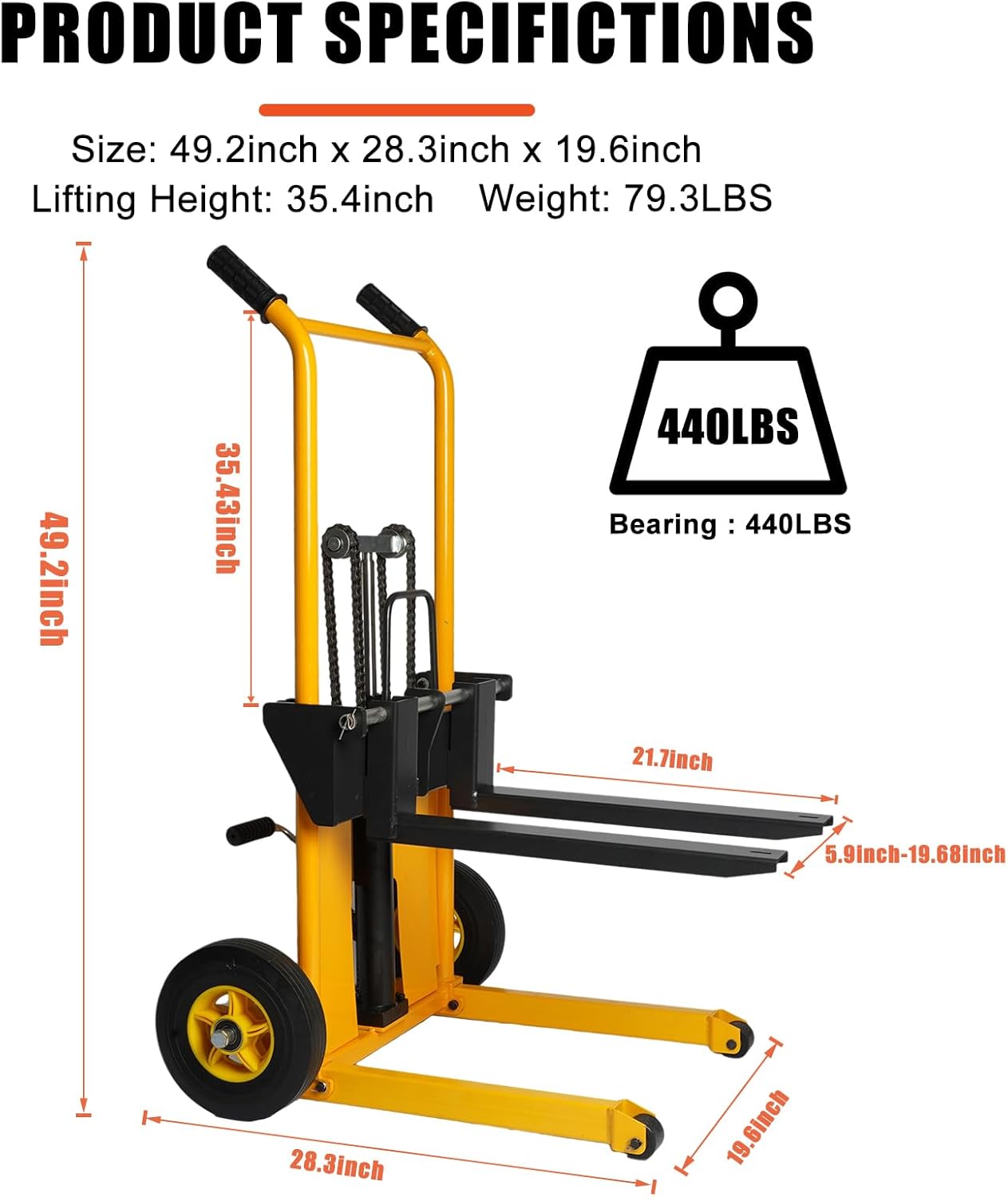 Legines Hydraulic Material Lift Truck Carrier Manual Lift Stacker Forklift Pallet Stakcer 440 lbs Capacity 35" Lift Height with Adjustable Forks and Fixed Legs,Pallet Truck Dolly Lift Table Fork Lift.