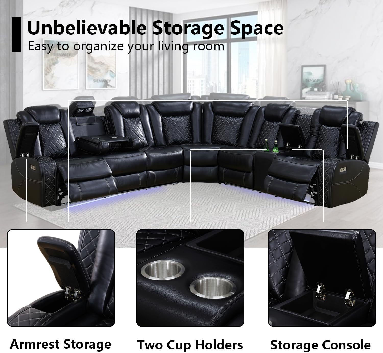 Black Leather Power Reclining Sectional Sofa，Sectional Couch with Recliner Living Room Set with LED Light/Read Light/Storage Console/USB Port/Wireless Charge/Home Theater Seat