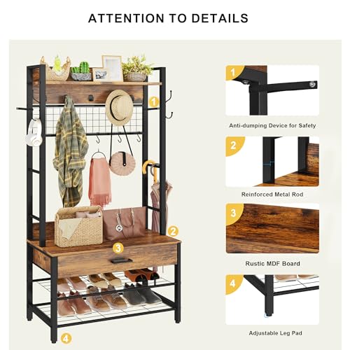 DKLGG Hall Tree with Bench and Shoe Storage for Entryway, 5-in-1 Coat Rack with Shoe Storage, Wood Look Accent Shoe and Coat Rack, Farmhouse Hall Tree with 12 Hooks for Mudroom, Bedroom, Living Room