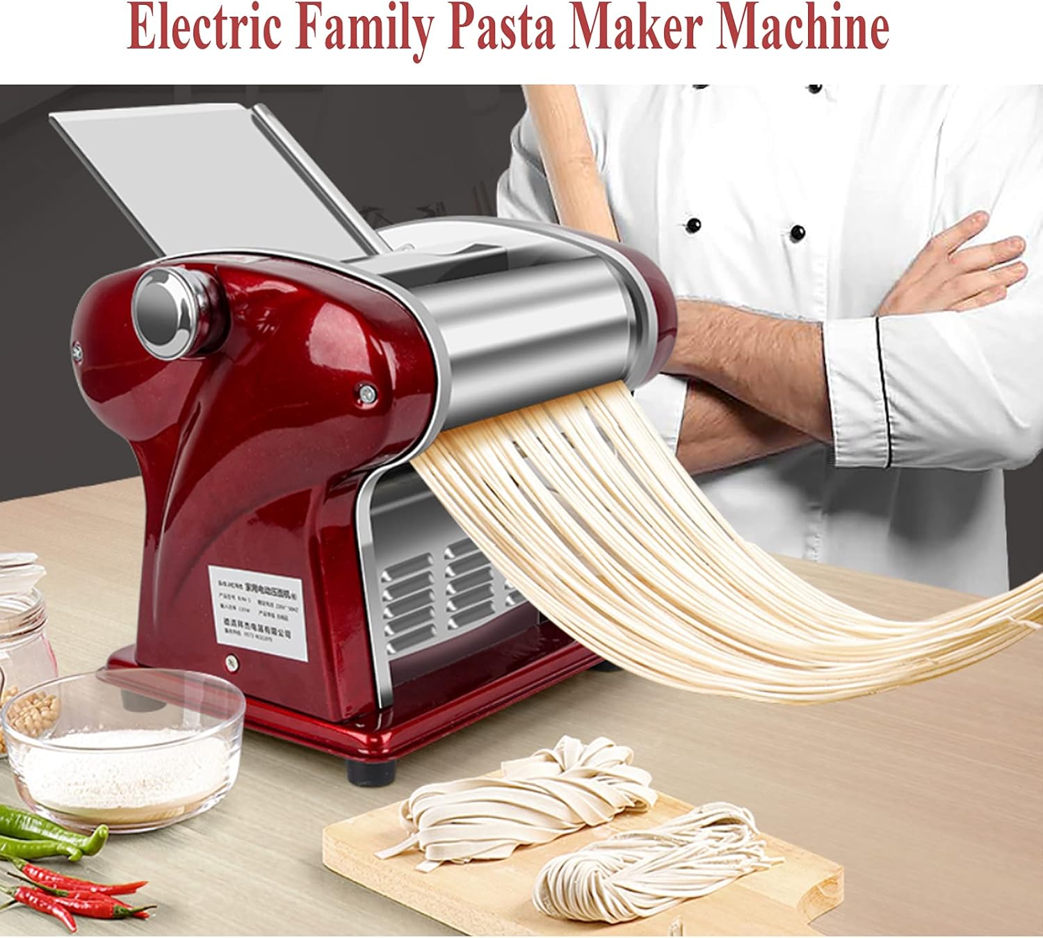Electric Pasta Maker, Household Noodle Making Machine Dough Spaghetti Roller Pressing Machine with 2.5mm Noodle Cutter, Stainless Steel, 135W 5Kg/H Output for Commercial & Homemade Use