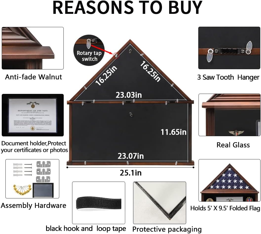 Zmiky Large Burial Flag Display Case American Flag Solid Wood Display Case Fits a 5 X 9.5 Flag Folded Military Shadow Box Flag Display Case with Certificate Holder Walnut Finish