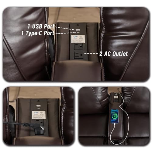 Power Loveseat Recliner Chair, Electric Home Theater Seating with Storage Armrest, Wall Hugger RV Double Reclining Sofa Chairs with Outlet/LED Light/Cup Holder for Living room (Brown)