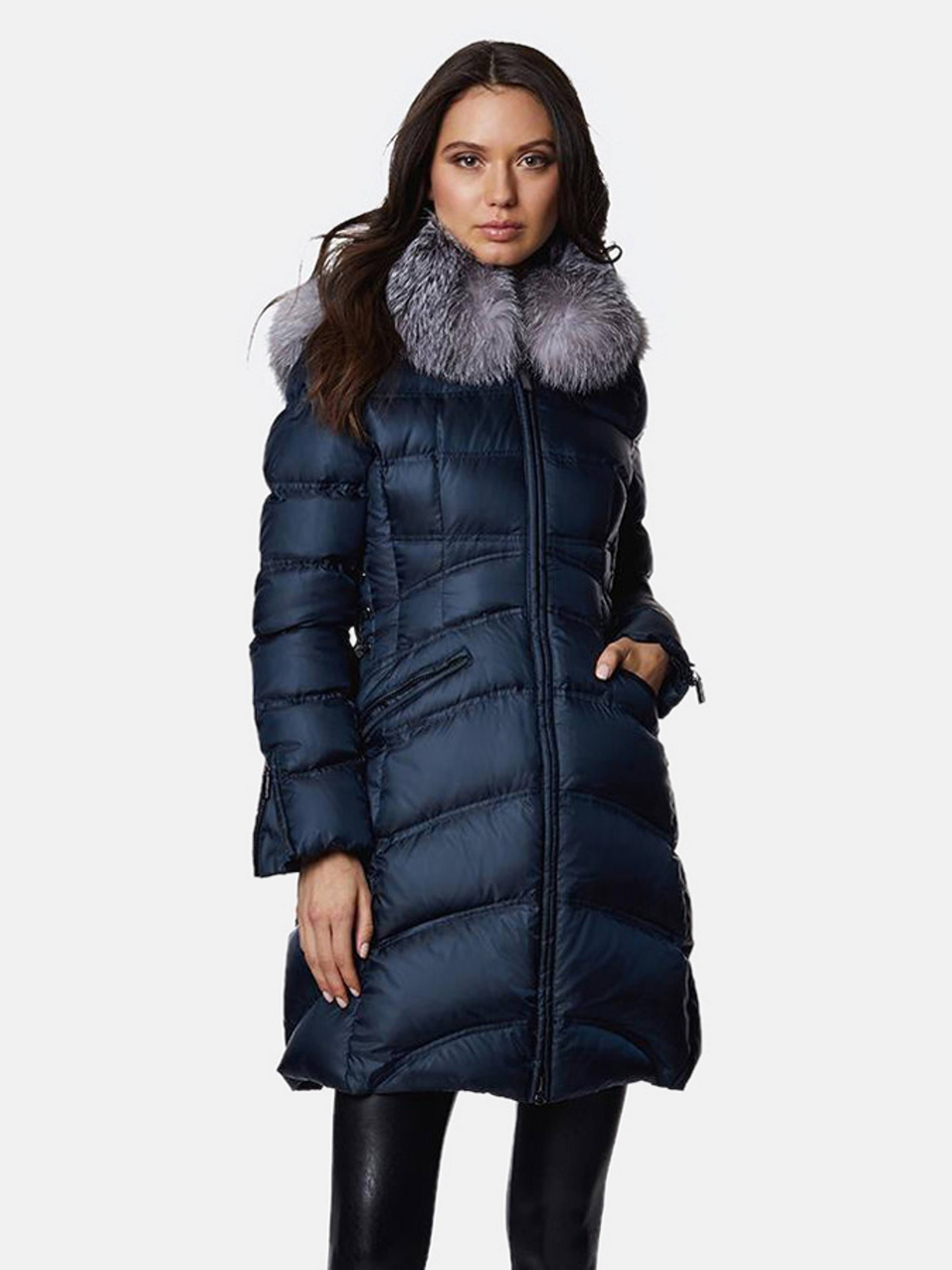 Dawn Levy Cloe Gem Fitted Puffer Coat with Fox Fur Collar - Blue