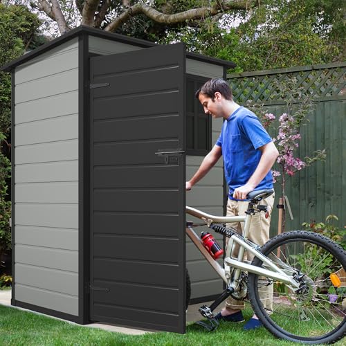 DWVO 5x3 FT Outdoor Storage Shed with Floor, All-Weather Resin Storage Shed with Lockable Door & Window, Waterproof Plastic Tool Storage for Garden, Backyard, Patio, Lawn, Blue-Gray