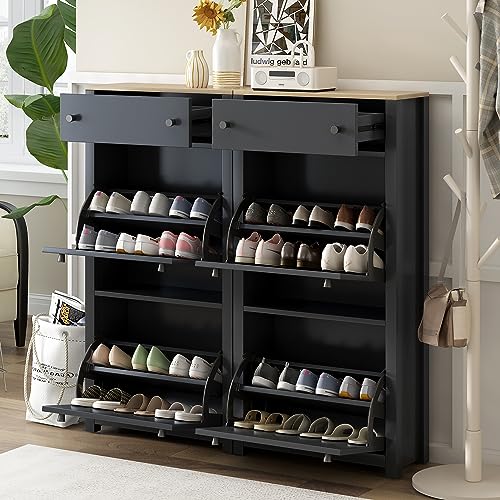 Shoe Cabinet with 2 Flip Drawers Modern Slim Hidden Shoe Storage Organizer Narrow Shoe Storage Cabinet Freestanding Shoe Rack Cabinet with Adjustable Panel for Entryway, Hallway, Living Room