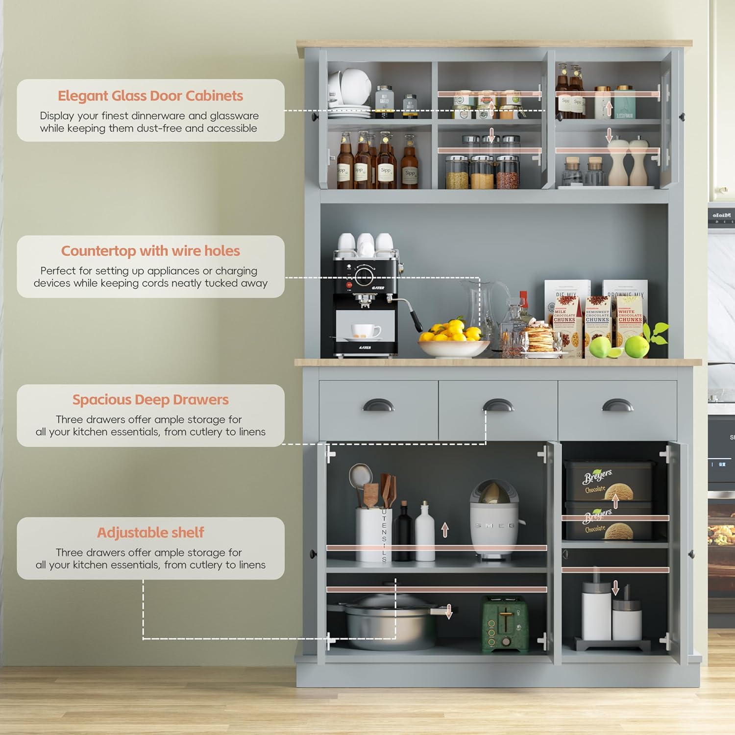 MU 71" Kitchen Hutch Storage Cabinet with Countertop, Tall Freestanding Kitchen Pantry Cabinet with Drawers, Drawers & Microwave Shelf, China Hutch for Kitchen, Dining Room, Living Room, Grey