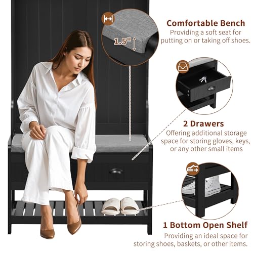 60" Hall Tree with Bench and Shoe Storage, 3-in-1 Entryway Ottoman with Coat Rack and Adjustable Shelf for Mudroom,Hallway, Easy Assembly,Black, 60 Inch W