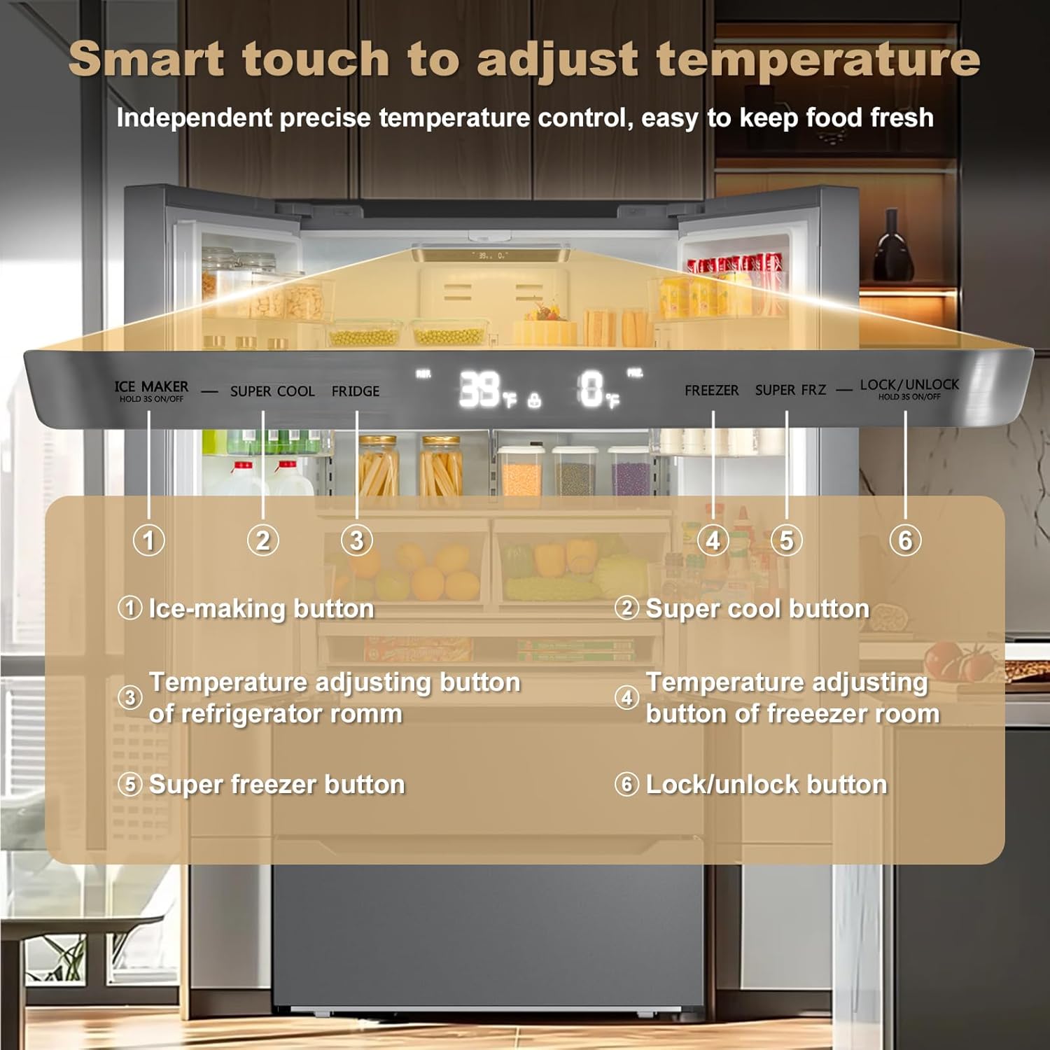 French Door Refrigerator, Large Full Size Refrigerators with Ice Maker 22.5 Cu.ft
