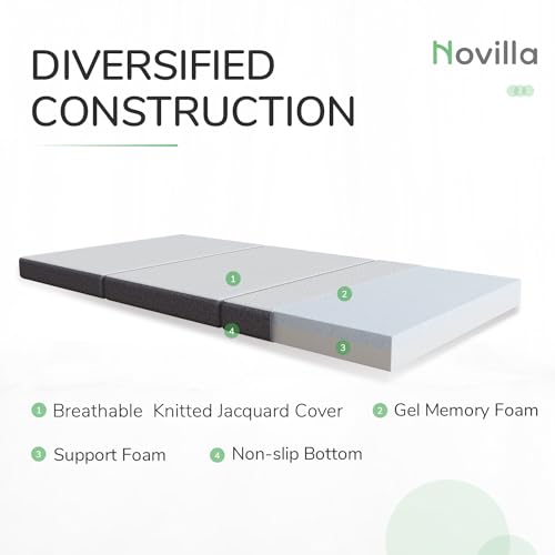 Novilla Tri Fold Mattress Queen, 4 Inch Memory Foam Foding Mattress,Portable Trifold Mattress with Removable Cover for Floor, Foldable Mattress,Non Slip Bottom Camping Mattress, Queen Size