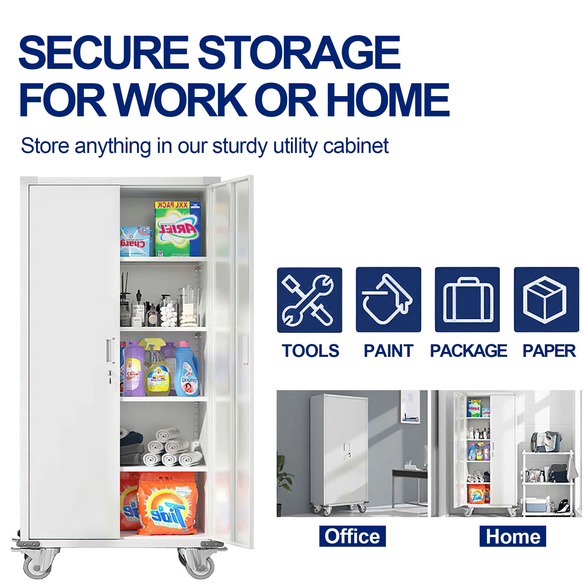 AOBABO 72” Locking Metal Garage Storage Cabinet w/Wheels & Pegboards, White