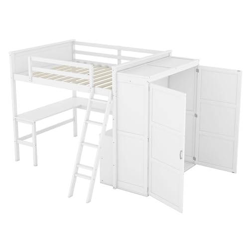 SOFTSEA Twin Size Loft Bed with Built in Desk & Wardrobe, Solid Wood Loft Bed with Storage Cabinet, High Loft Bed Frame with Large Wardrobe for Kids Teens Adults, Grey