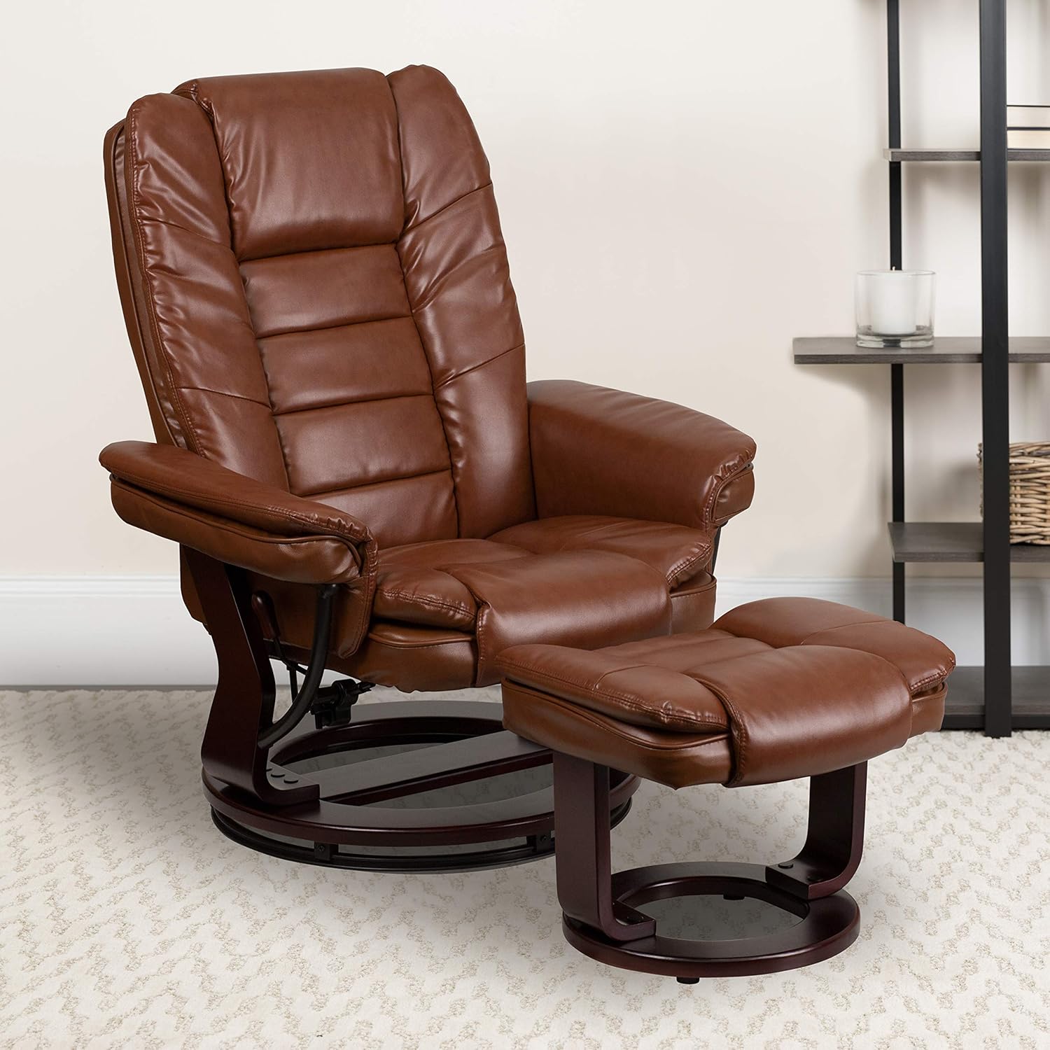 Flash Furniture Contemporary Multi-Position Recliner with Horizontal Stitching and Ottoman with Swivel Mahogany Wood Base in Black LeatherSoft