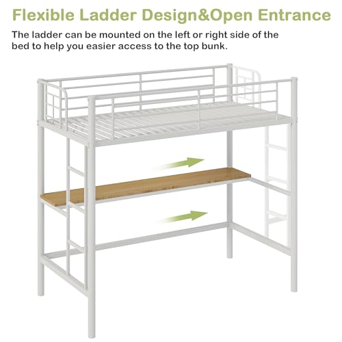 VECELO Metal Loft Bed Twin Size, Heavy Duty Bedframe with Removable Ladder and Safety Guardrail, Space-Saving, Noise Free, No Box Spring Needed, Off White