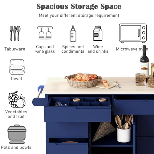 Farmhouse Kitchen Island with Power Outlet, Rolling Kitchen-Cart with Drop Leaf, Storage Cabinet Table on Wheels w/Spice Rack and Drawer for Dining Room, Bar