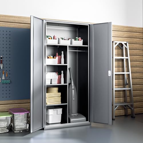 Magshion Metal Storage Cabinet, 72" Locking Storage Wardrobe Cabinet with Hanging Rod, Steel Storage Locker Closet with 4 Shelves for Home Office, Garage, Grey