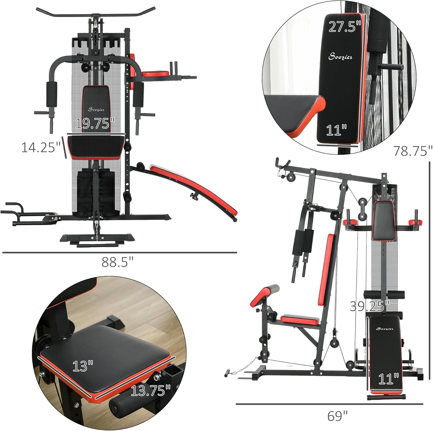 Soozier Multi Gym Workout Station with 143lbs Weight Stack, Home Gym Equipment with Sit up Bench, Push up Stand, Dip Station, Adjustable, for Full Body Strength Training