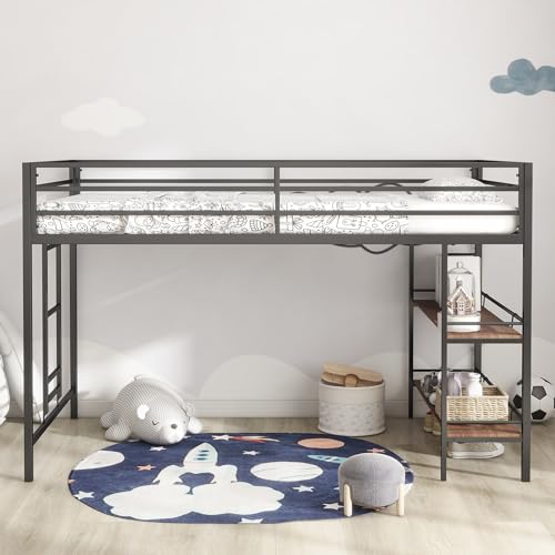 Twin Size Loft Bed with Desk and Storage Stairs, Heavy Duty Metal Loftbed Frame w/Safety Guardrail for Kids, Teens, Adults, No Box Spring Needed, Space-Saving Design, Black