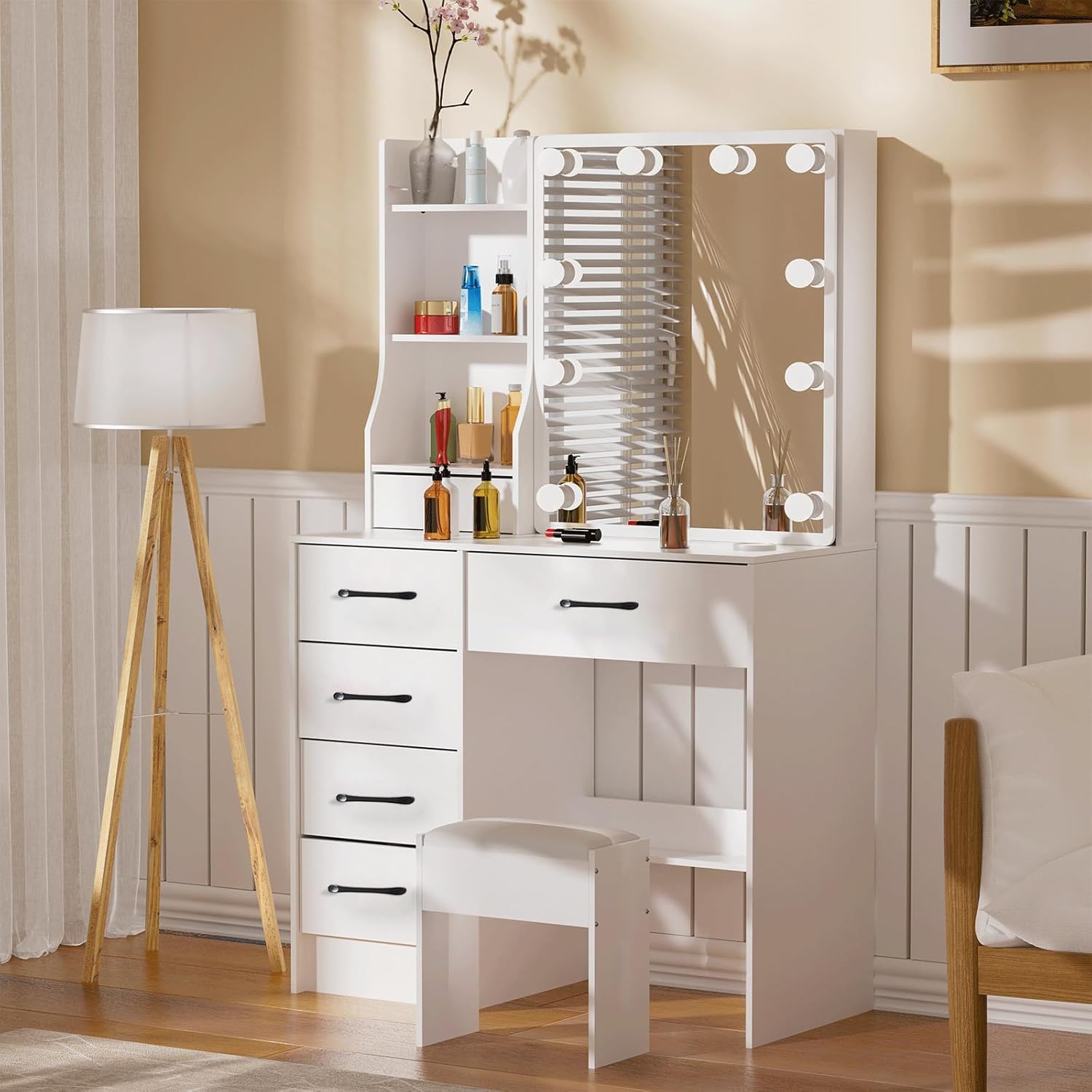Makeup Vanity Set with 6 Drawers and Lighted Mirror, Multifunctional Table Vanity with 6 Cabinets and Brightness Adjustable, Dressing Cosmetic Desk with Chair for Girls