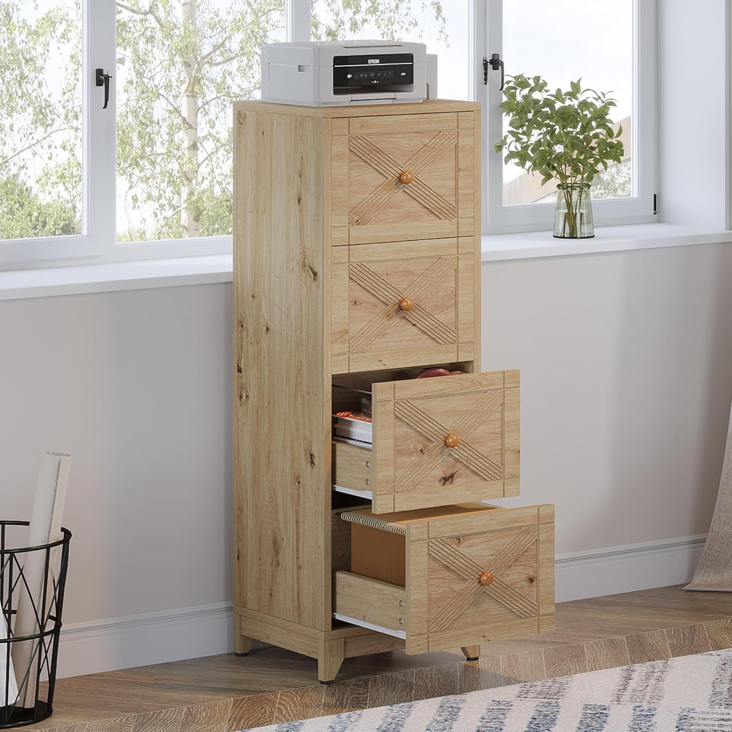 Tribesigns 4-Drawer File Cabinet, Vertical File Cabinets Office Filing Cabinet for Letter Size, Wood Storage Cabinet Printer Stand for Home Office, Living Room, Natural