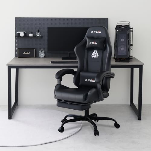 N-GEN Video Gaming Chair with Footrest High Back Ergonomic Comfortable Office Computer Desk with Lumbar Support Height Adjustable with PU Leather Recliner for Adults Women Men (Black)