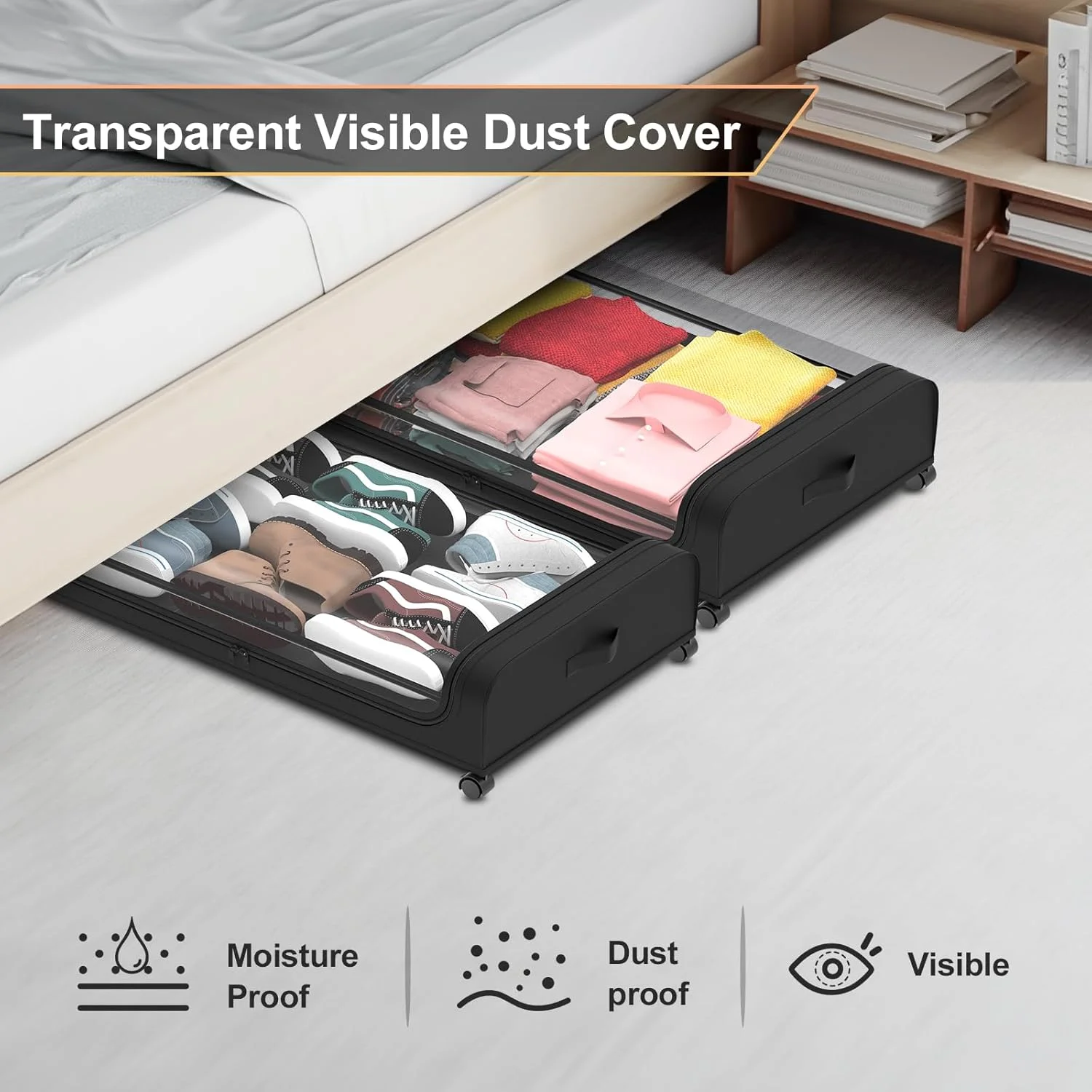 Under Bed Storage with Wheels 2 Pack, Under Bed Storage Containers, Large Under Bed Rolling Storage with Lid, Bedroom Storage Organizer for Clothes, Shoes,Toys, Books, Blankets BLACK