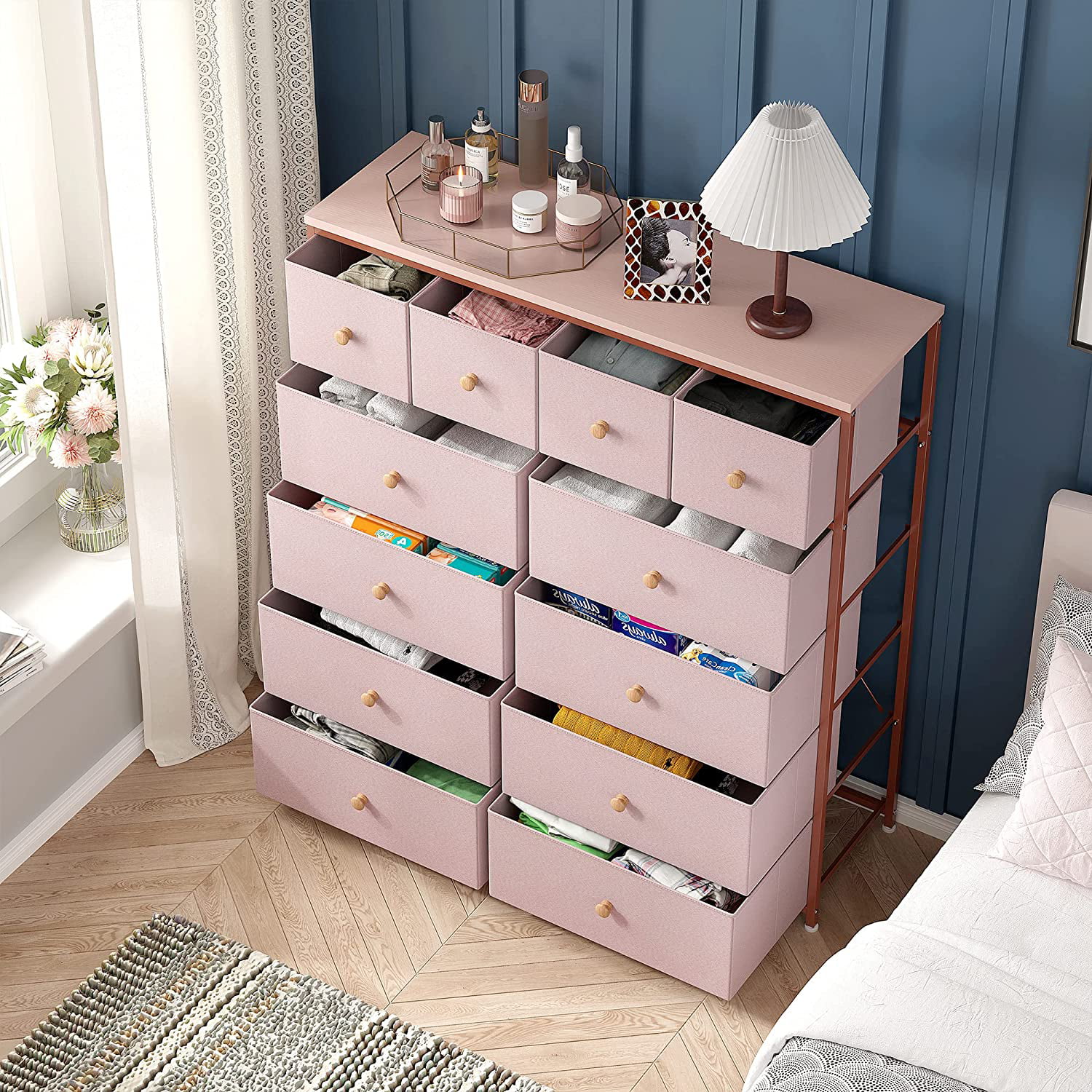 Pink Dresser for Girls Bedroom with 12 Drawers Girls Dressers for Bedroom Pink Chest of Drawers with Wood Top, Metal Frame, Tall Dressers for Bedroom, Closet, Nursery, Living Room Pink