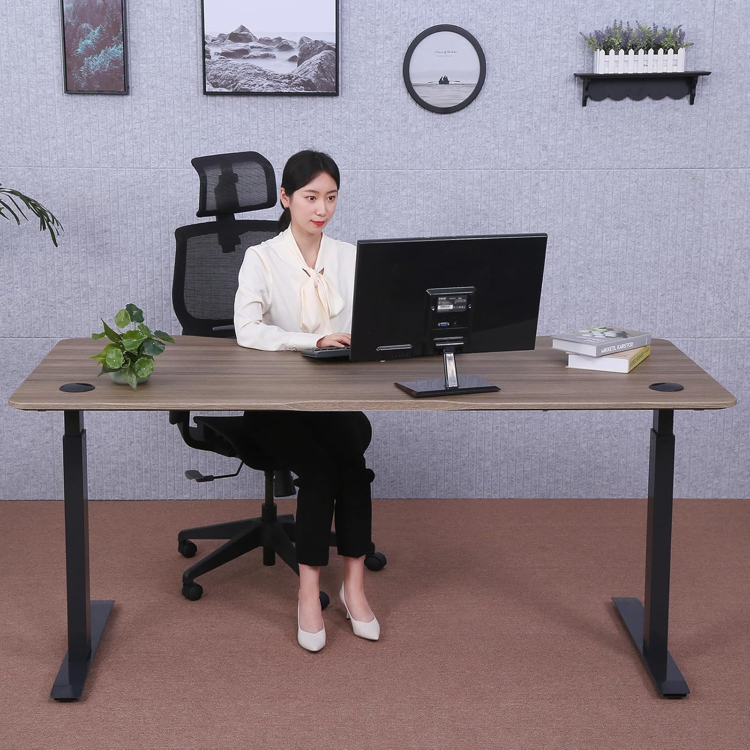ApexDesk Elite Pro Series 71" x 33" Electric Height Adjustable Stand up Desk, Sit Stand Home Office Desk, Computer Desk - Curved Teak Top/Black Frame