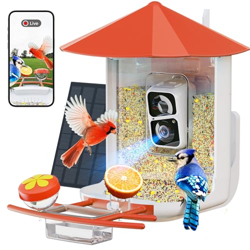 Smart Bird Feeder with Camera,Wireless Wild Bird Feeders, 160° Wide View Auto Capture Bird Videos & Motion Detection,AI Identify, DIY Add-ons & Hummingbird Feeder,Gift for Bird Lover