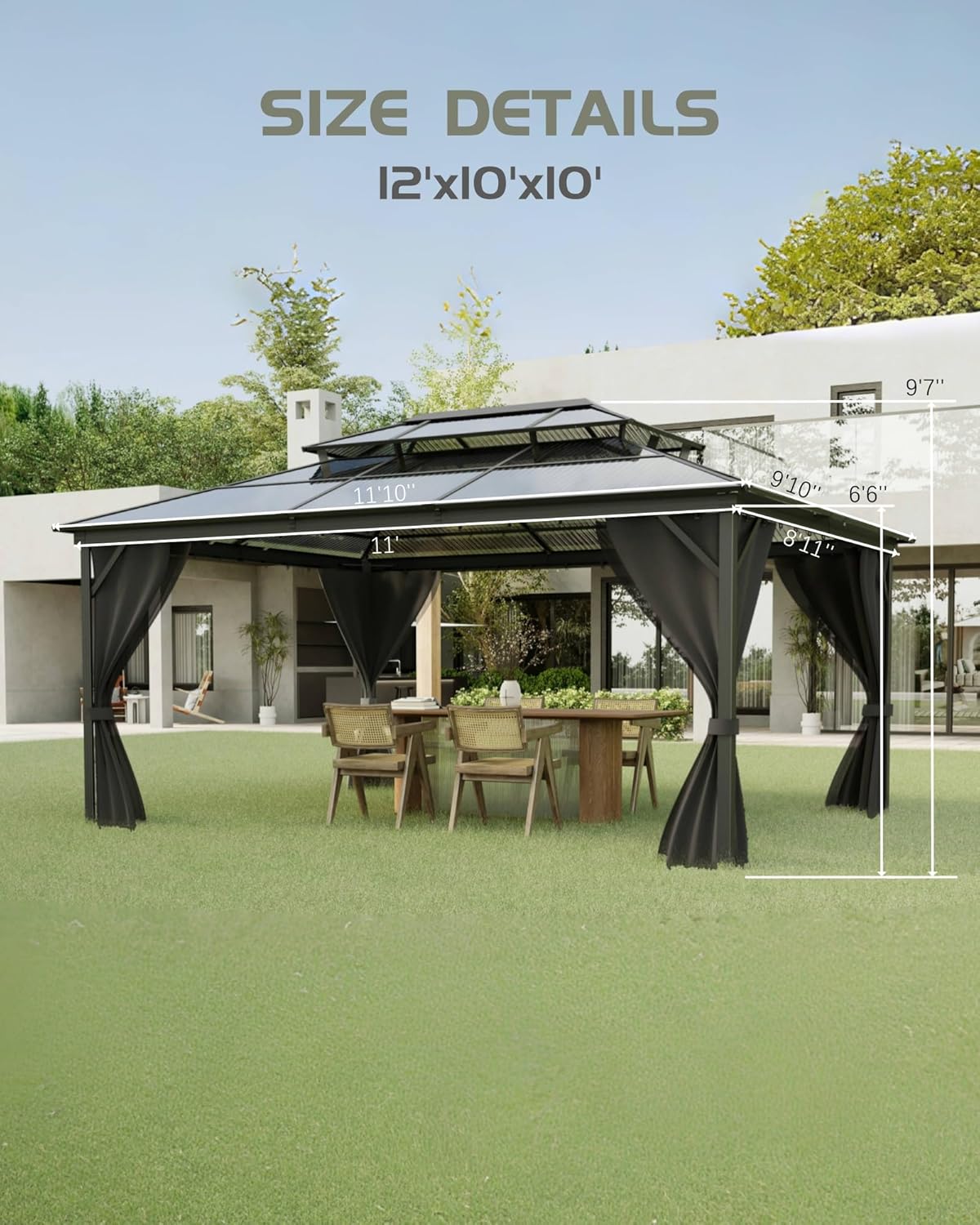 Hardtop Gazebo 10'x12' for All Weather, Double Polycarbonate Sheets Roof, Aluminum Alloy Frame, Net, and Curtain, Permanent Building for Patio, Deck, Backyard, Lawn, and Garden, Gray