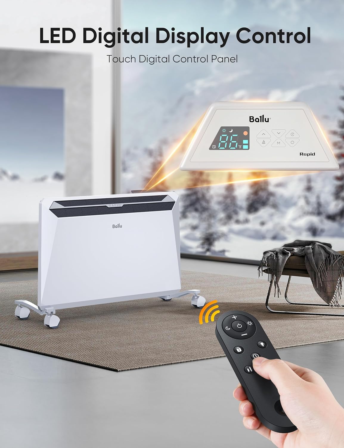 Ballu Convection Space Heaters for Indoor Use,1500W Whole Room Heating with Remote,24 hours Timer,Eco,Stand & Wall mount,Large Room Panel Electric Space Heater