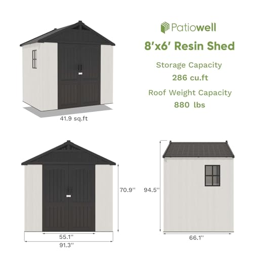 Patiowell 8' x 6' Plastic Outdoor Storage Shed with Floor, Resin Shed with Window and Lockable Door for Garden, Backyard, Tool Storage Use, Easy to Install in Gray and White (Kick-it Shed)