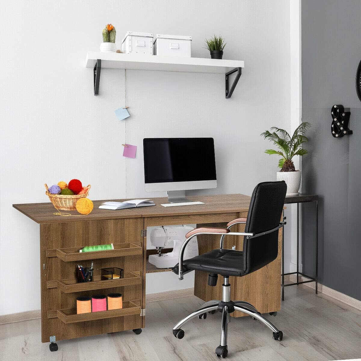 Multifunction Design Folding Sewing Craft Table Shelves Storage Cabinet Computer Desk Home Furniture with Wheels, Space-Saving,3 Storage Bins Natural