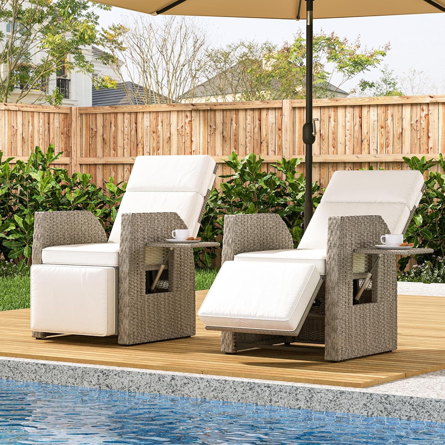 YITAHOME Outdoor Recliner Chair, Patio Wicker Lounge Chair with Adjustable Angle, Flip Table, Reclining Lounge Chair for Outside with Thick Cushions for Deck Backyard Pool Side, Beige(1 pack only)