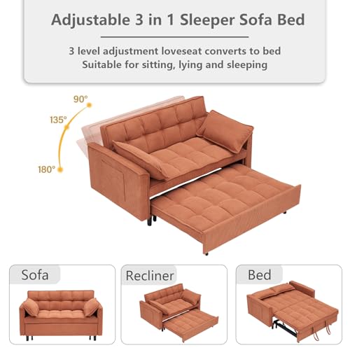 3 in 1 Convertible Sleeper Sofa Bed,Futon Loveseat Couch with Pull-Out Bed & Adjustable Backrest,Velvet Fabric Sofa with Side Pocket for Small Apartment, Living Room, Office (Black)