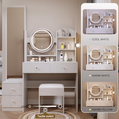 Makeup Vanity Set Touch Control 3 Color Brightness Adjustable Lights Mirror Dressing Table Set with Full Body Mirror Make up Desk with Cabinet Stool Simple Fashionable White Oak