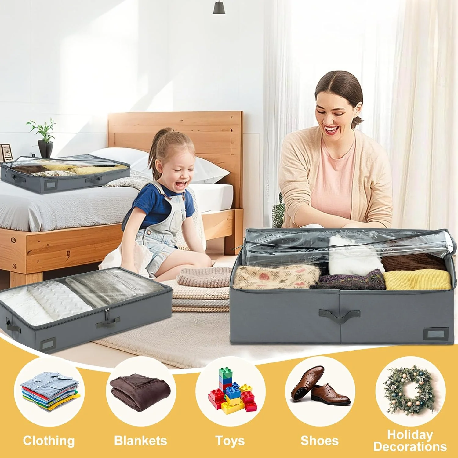 4-Inch Under Bed Storage Containers (3-Pack) | Sturdy Sidewalls | Clear Cover &amp; Label Holder | Underbed Organizer for Crib/Couch | Stores Clothing/Blankets/Wrapping Paper/Toys