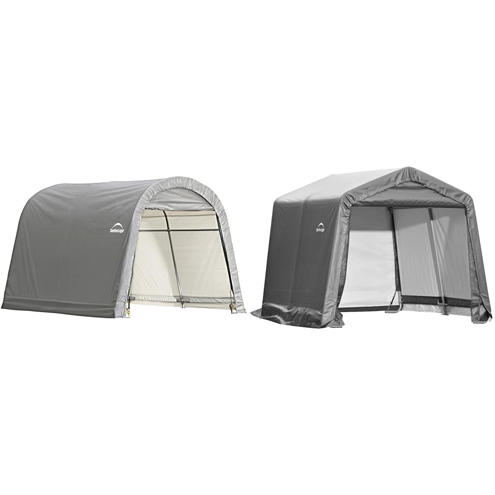 ShelterLogic 10' x 10' Steel Shed-in-a-Box Round & Peak Roof Outdoor Storage Sheds with Waterproof Covers, Grey
