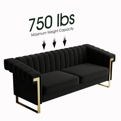 83" Modern Luxury Velvet Couch Comfortable 3 Seater Tufted Sofa Comfortable 3 Person Fashion Couches Solid Wood Frame Metal Legs for Living Room Office Playroom Furniture (P82-Black)