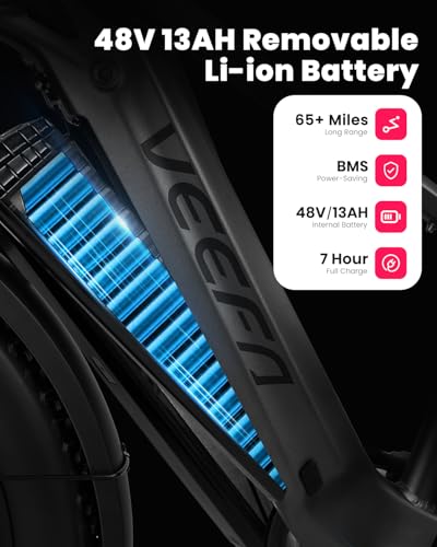 VEEFA Electric Bike 750W/Peak 1000W Motor 48V 13AH Removable Battery Electric Bicycle for Adults 26" x 4.0" Fat Tire Ebike 28MPH E Bike 7-Speed UL 2849 Certified