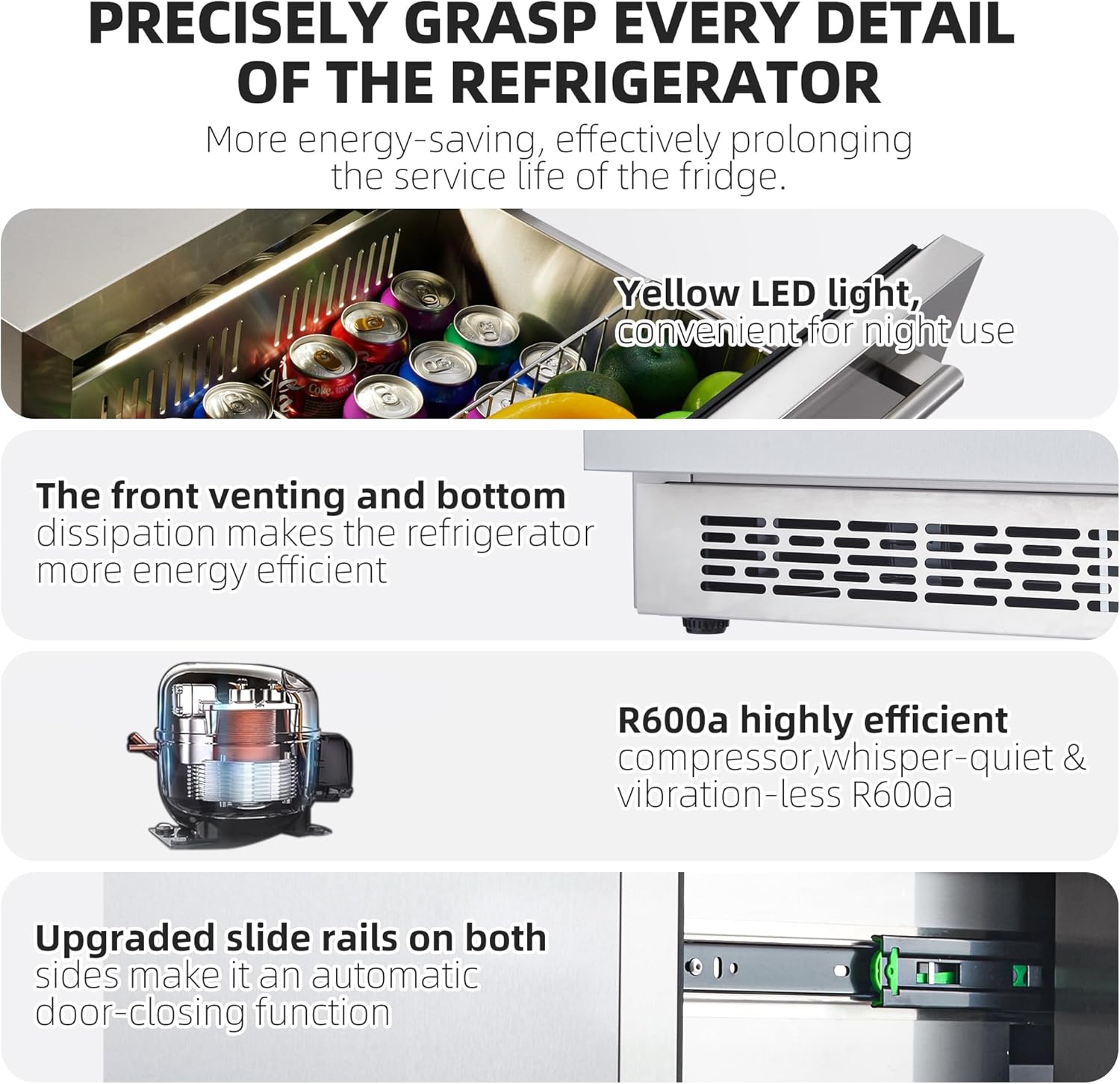 24 Inch Under Counter Drawer Fridge, Outdoor Undercounter Refrigerators for Patio with Weatherproof Full Stainless Steel Body, Built in Wine & Beverage Refrigerator for Home and Commercial