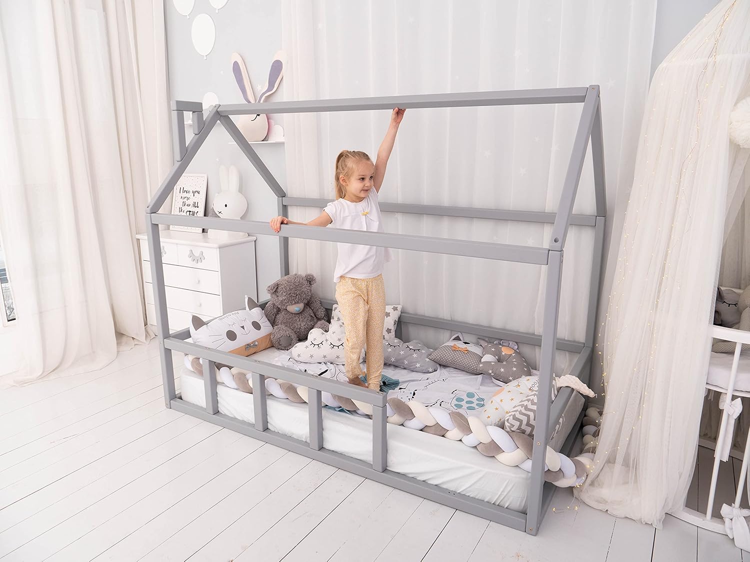 BUSYWOOD Montessori Twin House Bed - Toddler Floor Bed Frame - Kids Furniture - Indoor Playroom - Floor Bed House - Montessori Bed for Toddlers (Model 2, Grey, Floor Bed)